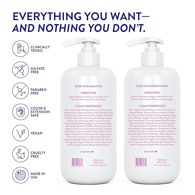 Routine Wellness Shampoo and Conditioner Set and Hair Serum for Thinning Hair - DHT Blocker Women & Men - Color Safe Shampoo for Hair Loss & Healthier Hair - Rose Hips Set + Hair Serum