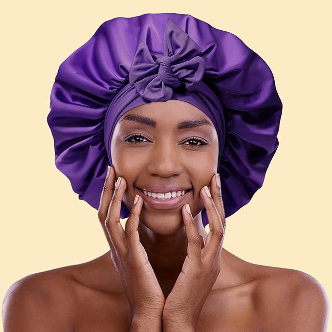 AWAYTR Purple Satin Bonnet with 3 Hair Scrunchies for Women - Large, 2-Layered Silk Sleeping Cap for Sleeping, Hair Care