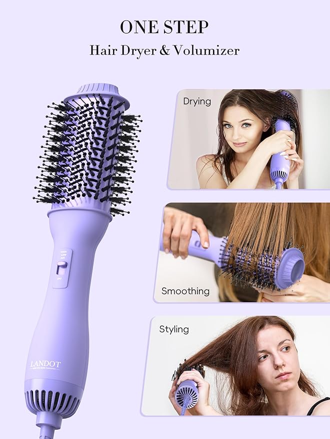 LANDOT 4-in-1 Blow Dryer Brush-Blowout Hair Dryer Brush with 60mm Oval Barrel One Step Volumizer for Thick & Coarse Hair, Fast Drying Frizz Control, Salon Smooth Hair at Home
