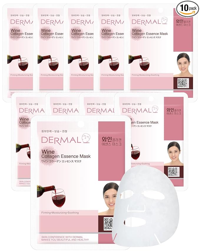 DERMAL Wine Collagen Essence Facial Mask Sheet 23g Pack of 10 - Moisturizing & Firming for Tired Skin, Relieves Skin Stress, Daily Skin Treatment Solution Sheet Mask