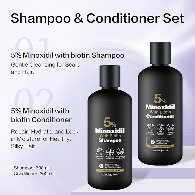 Minoxidil Shampoo & Conditioner Set for Hair Growth – Biotin, Ginseng & Ginger – Supports Thicker, Fuller Hair – Scalp Care Formula – For Men & Women – 600ml Duo