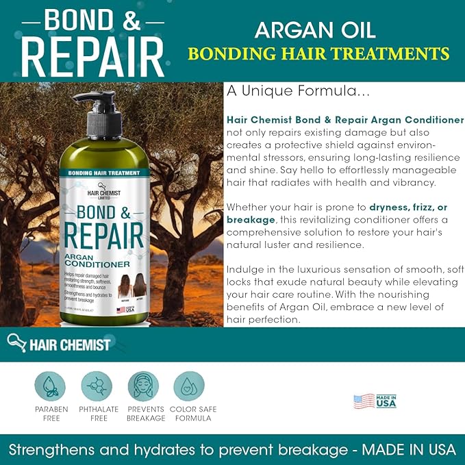 Hair Chemist Bond & Repair Bonding Hair Treatment Argan Conditioner for Damaged Hair 33.8 oz. | Bonding Conditioner for Damaged Hair | Repairing Hair Bond Conditioner | Color Safe & Paraben Free