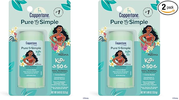 Coppertone Pure and Simple Kids Exclusive Disney Moana Sunscreen Stick SPF 50, Hypoallergenic, Mineral Sunscreen for Kids, Water Resistant, Oxybenzone and Octinoxate Free, 0.49 Oz Stick (Pack of 2)