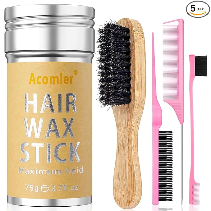 Hair Wax Stick & Slick Back Brush Set for Flyaways, Edge Control Wax Stick for Hair with Boar Bristle Brush for Women, Kids, Dancers,Frizz Tamer Pomade Balm Gel Stick for Clean Girl Sleek Ponytail Bun