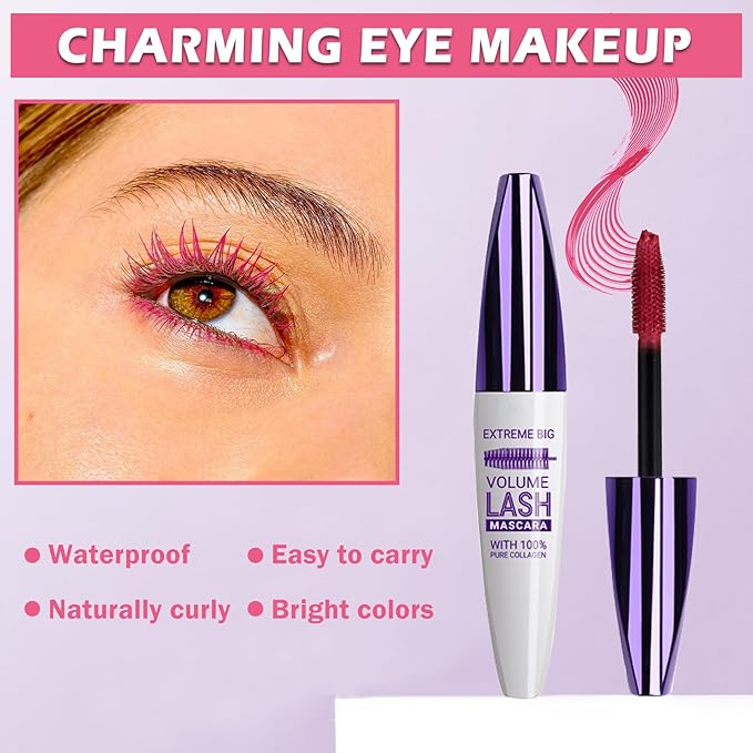 Pink Mascara for Eyelashes,5D Colored Mascara Volume and Length Waterproof,Natural Curling for Women Eye Makeup