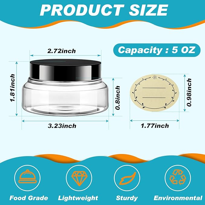 Tessco for you 24 Pack Plastic Jars with Lids Labels Multiuse Slime Containers Empty Body Scrub Jars Round Refillable Cosmetic Body Butter Container for Makeup (5 oz,Clear,Black)