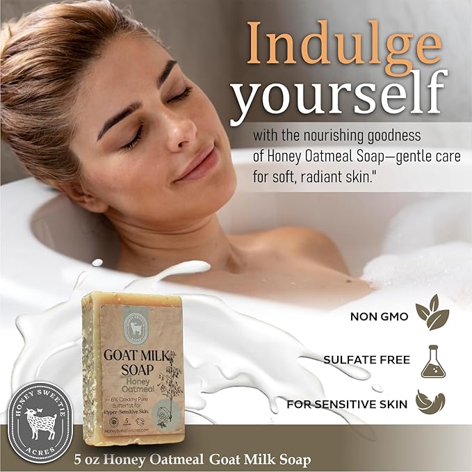 Honey Sweetie Acres Honey Oatmeal Goat Milk Soap - Handmade 5 oz Bar, Made with Natural Ingredients, Moisturizing & Gentle, Made in the USA