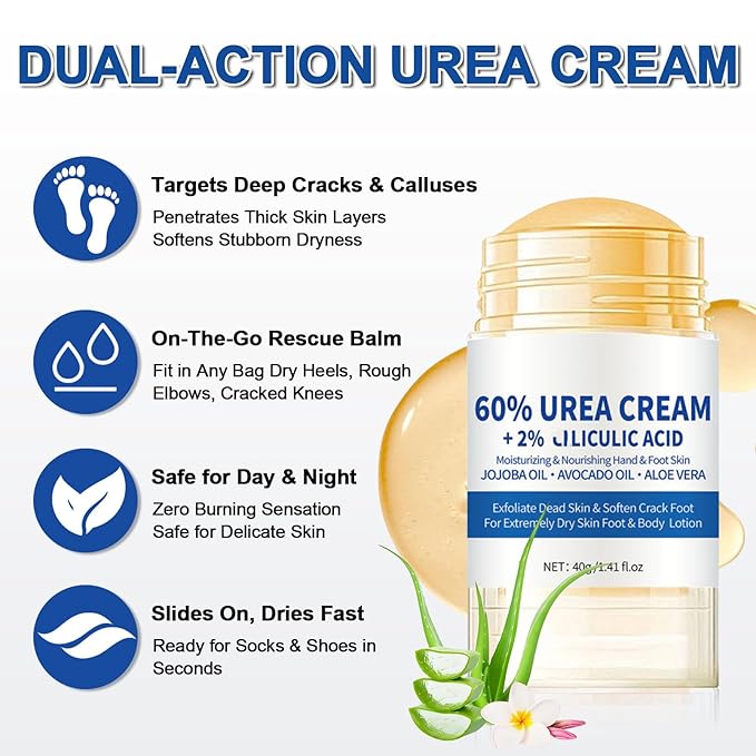 NovaCharm 2PCS Urea Cream 60 Percent for Feet, Maximum Strength Urea Foot Cream Stick, Foot Moisturizer Lotion for Cracked Heels, Dry Hands & Rough Knees (1.4Ounce(Pack of 2), Aloe Vera)