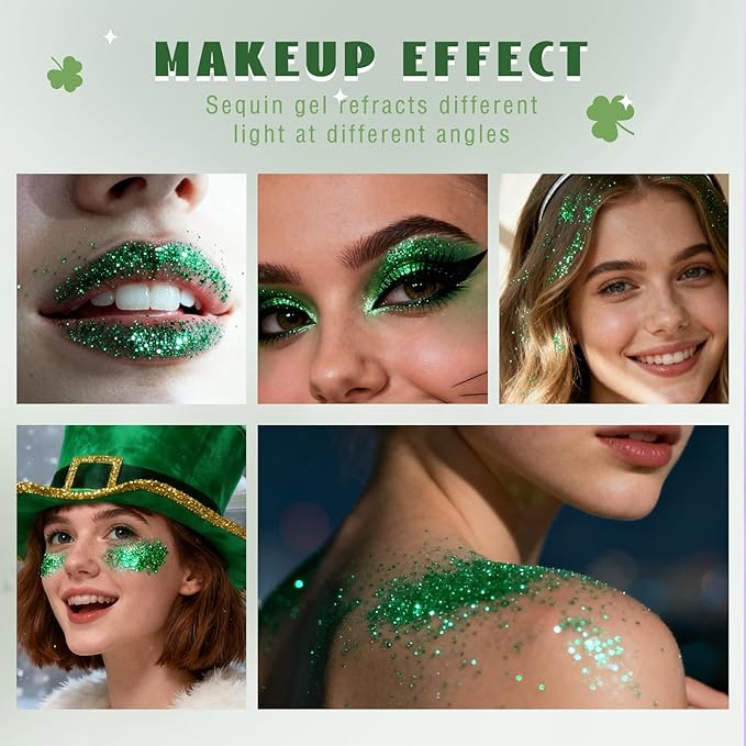 HOSAILY Roll-on Green Body Glitter Gel for Face Hair, St Patricks Day Accessories, Chunky Mermaid Sequins Halloween Festival Party Rave Outfits Christmas Face Paint Glitter Makeup for Women Kids