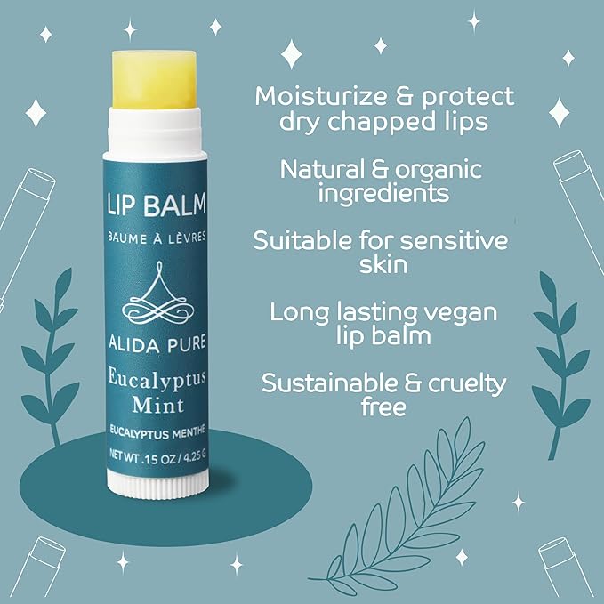 Eucalyptus Mint Lip Balm Collection, Vegan Set, Beeswax Free, with Organic Jojoba and Avocado Oil, Vitamin E, Natural Moisturizer for Dry, Chapped Lips, 3 Tube Set