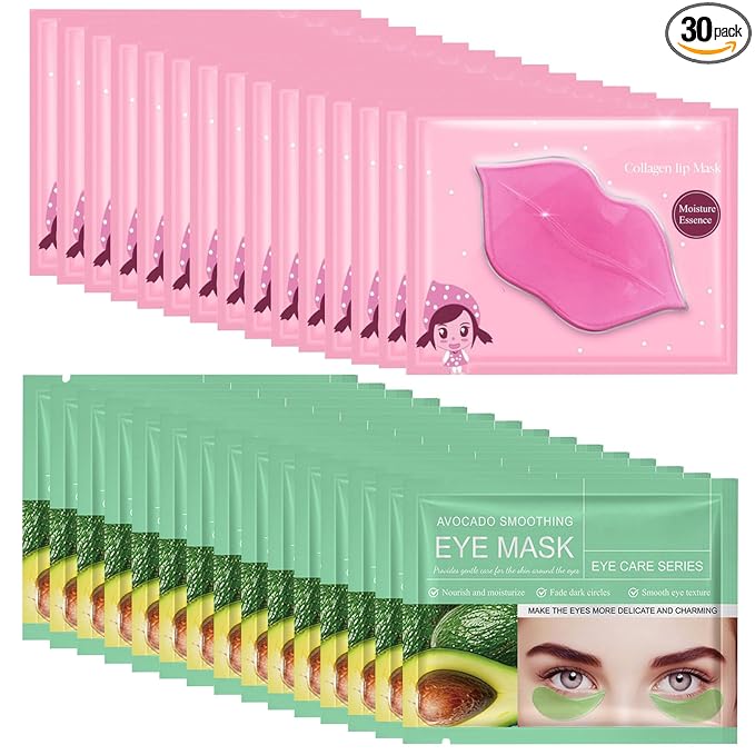 Lip Mask & Eye Mask-30PCS Under Eye Patches Skincare for Puffy Eyes Bags Reducing Dark Circles,Collagen Hydrating Moisturizing Smoothing Gel Pads for Fade Fine Lines Anti-Aging Wrinkles Avocado