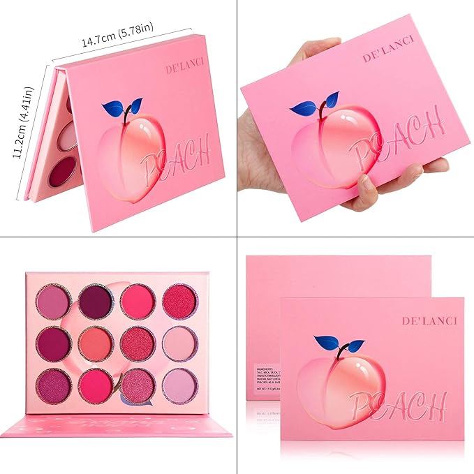 DE'LANCI Pink Eyeshadow Palette, Highly Pigmented Bright Hot Pink Eye Shadow Pallet, Bright Peach Rose Purple Red Eyeshadow Makeup Palette, for Girl Women Cute Suger Skull Candy Blush Goth Makeup