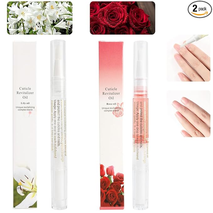 Meschett 2PCS Cuticle Oil Pens for Nail Care,Cuticle Revitalizer Oil Pen with Soft Brush,Cuticle Oil to Prevent Nail Cracking and Dry (Lily & Rose Flavor)