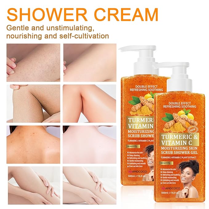 Turmeric Skincare, Vitamin C Body Wash with Cocoa Scrub & Kojic Acid Cleansing Face Pads, Daily Face & Body Cleanse Set, 16.9 fl oz & 20 Count
