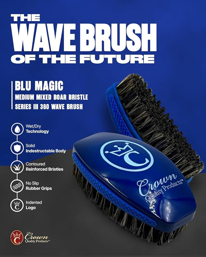 New BLU MAGIC - 360 Wave brush, MEDIUM Mixed Boar Bristle Hairbrush - Non-Slip Rubber Grips, Waterproof Design, Indestructible body, Debossed logo, High Gloss Finish - The Ultimate 360 Wave Brush