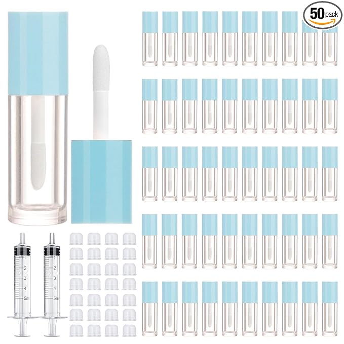 50pcs 2.5ml Empty Lip Gloss Containers Lip Gloss Tubes with Wand Cute 0.08oz Clear Refillable Lipgloss Making Supplies Kit for DIY Makeup + 2pcs Syringes (Blue)