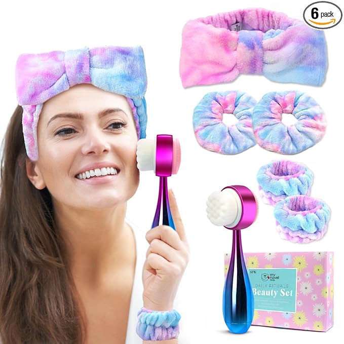 my novel things Facial Cleansing Brush, Headband for Washing Face with Silicone Double Side Manual Face Scrubber Brush, Skincare Headband and Wristband Set, 2 Hair Scrunchie, for Makeup Rainbow
