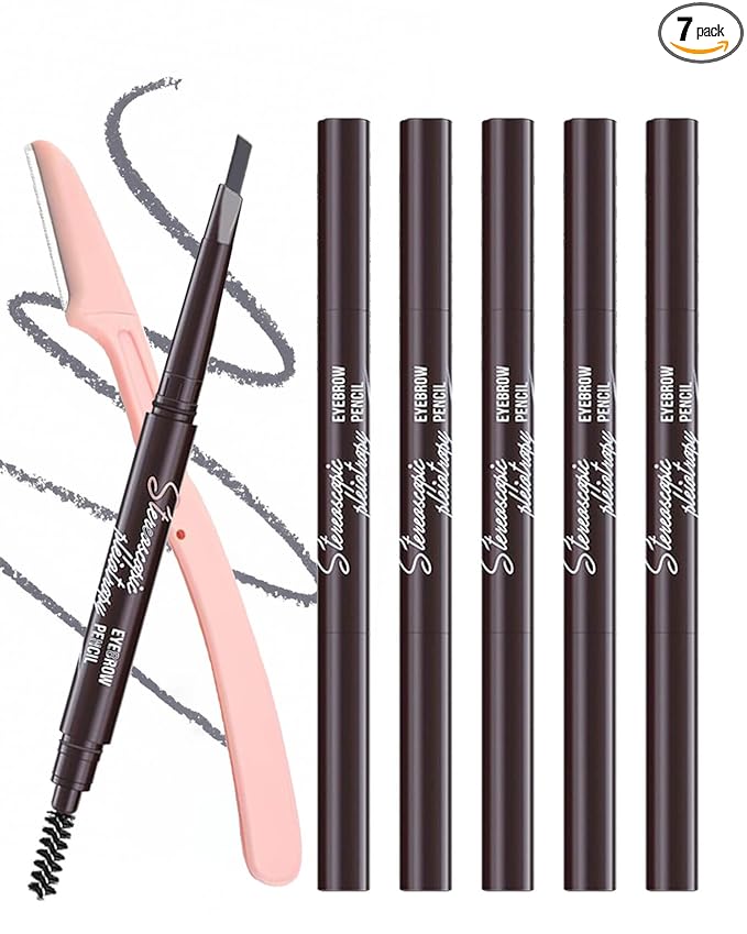 Waterproof Eye Brow Pencils for Women, 6Pcs Double-ended Grey Eyebrow Pencil with Razor Kit, Triangular Tip Design Makes it Easier to Define and Fill in Brows for a Natural Look