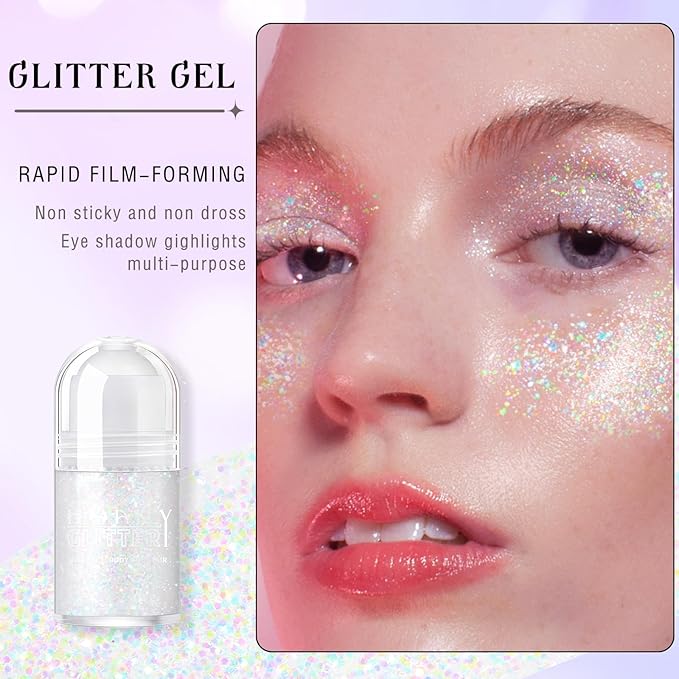 HOSAILY Roll-on Holographic Body Glitter Gel for Face Hair, Chameleon Color Changing Glitter Gel Under Light, Chunky Mermaid Sequins Festival Party Rave Accessories Shimmer Makeup (Dazzle)