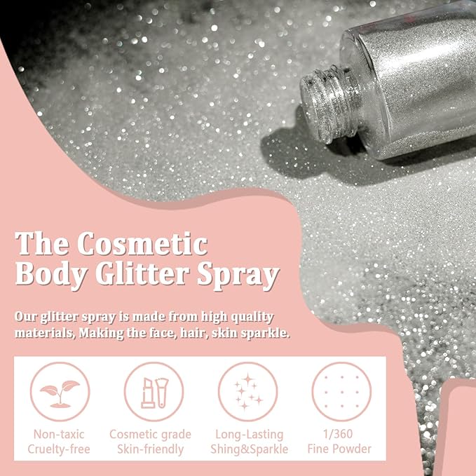 Boko Body Glitter Spray, Glitter Spray for Sparkling Body Face Hair Nail Clothes, Hair Glitter Spray Body Shimmer Powder for Highlighter Makeup Festival Party Concert Rave Accessories