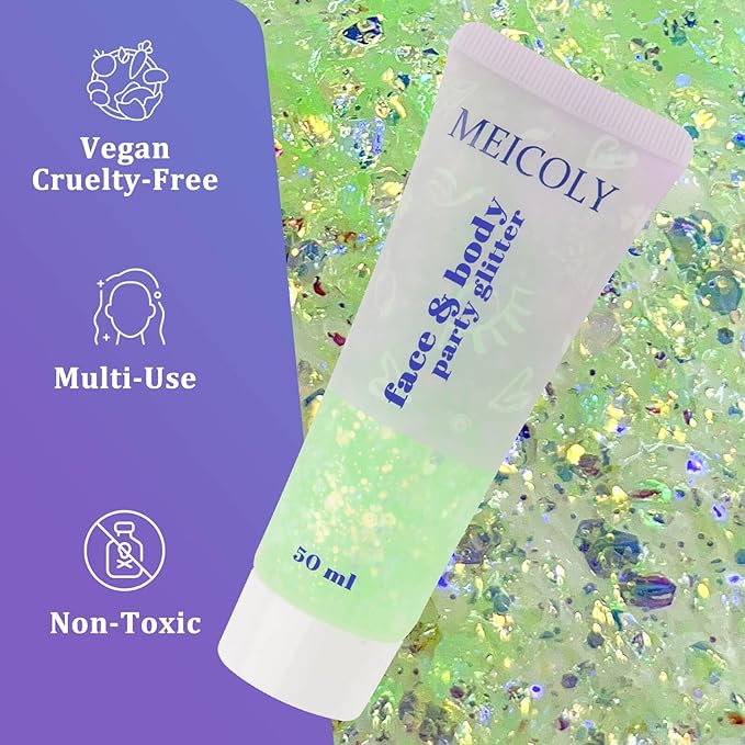 MEICOLY Lime Green Face Body Glitter,St Patricks Day Hair Glitter for Women Kids,Green Accessories Irish Parade Makeup,Spirit Day Wear Chunky Chameleon Face Glitter for Halloween Alien Makeup