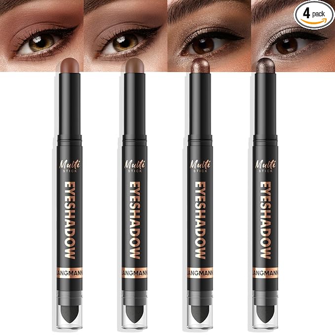 LANGMANNI 4Colors Dual-Ended Cream Eyeshadow Stick Set – Silky Smooth, Waterproof & Transfer-Proof, Built-in Blender Brush, All-Day Matte & Shimmer Wear Eye Makeup(#13+14+15+16)