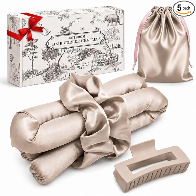 EnteromMuse Heatless Curls Overnight Satin Curling Set No Heat Hair Curler for Long & Short Hair, Heatless Curling Rod&Rollers for Soft Bouncy Curls Complete Kit with Storage Bag(Beige, Original)