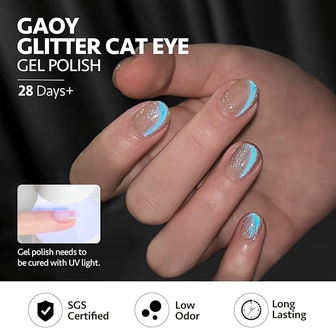 GAOY Cat Eye Gel Nail Polish, 16ml Blue Glitter Nail Polish with Nude Base, Reflective Holographic Translucent UV Gel with Magnet, 2408 Mermaid Tears