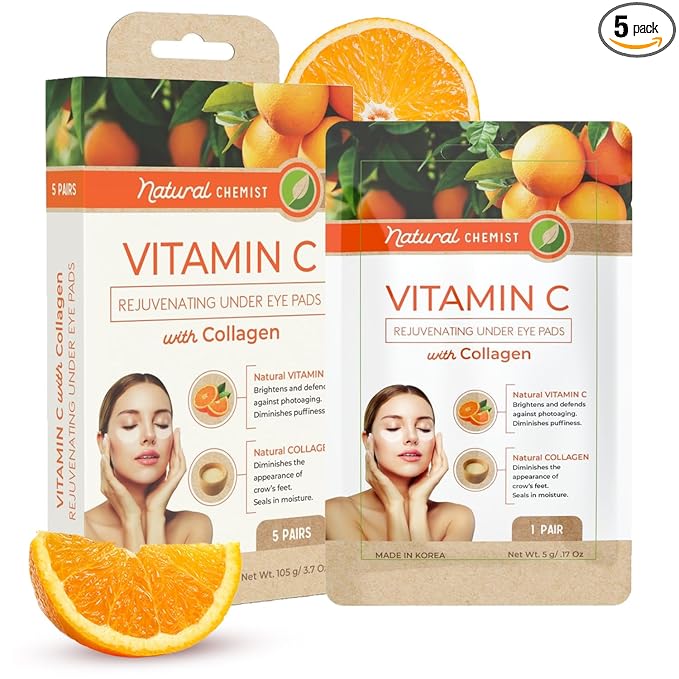 Natural Chemist Vitamin C & Collagen Under Eye Patches - Anti-Aging, Reduces Dark Circles, Hydrating, Dermatologist Tested, Cruelty Free Korean Skin Care For All Skin Types - 5 Pairs