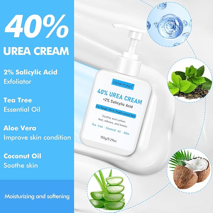 Urea Cream 40 Percent for Feet Maximum Strength, Urea Foot Cream Plus 2% Salicylic Acid, Tea Tree Oil, Coconut Oil and Aloe Essence for Feet Dry Cracked Heels Hands Elbows Knees