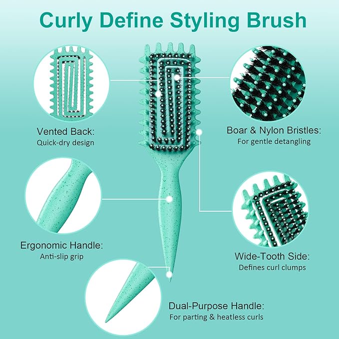 Curly Hair Brush, Curl Defining Brush with Soft Boar Bristles Detangling Tangled Glides, Wide-Teeth Design Effortlessly Shaping & Defining Curls (Pink Green)