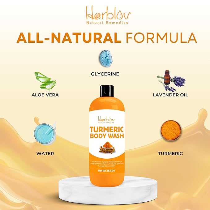 Herblov Turmeric Body Wash – Skin Brightening Liquid Soap for Discoloration – Natural Anti Aging Exfoliating Turmeric Body Wash for Spots, Acne, Sun Damage – Bath Soap Skincare