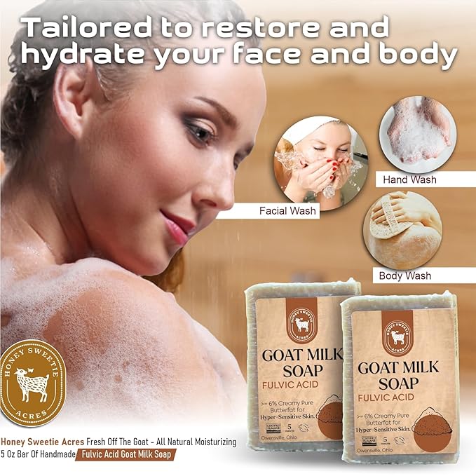 Honey Sweetie Acres 2-Pack Fulvic Acid Goat Milk Soap - Handmade 5 oz Bar, Made with Natural Ingredients, Moisturizing & Gentle, Made in the USA
