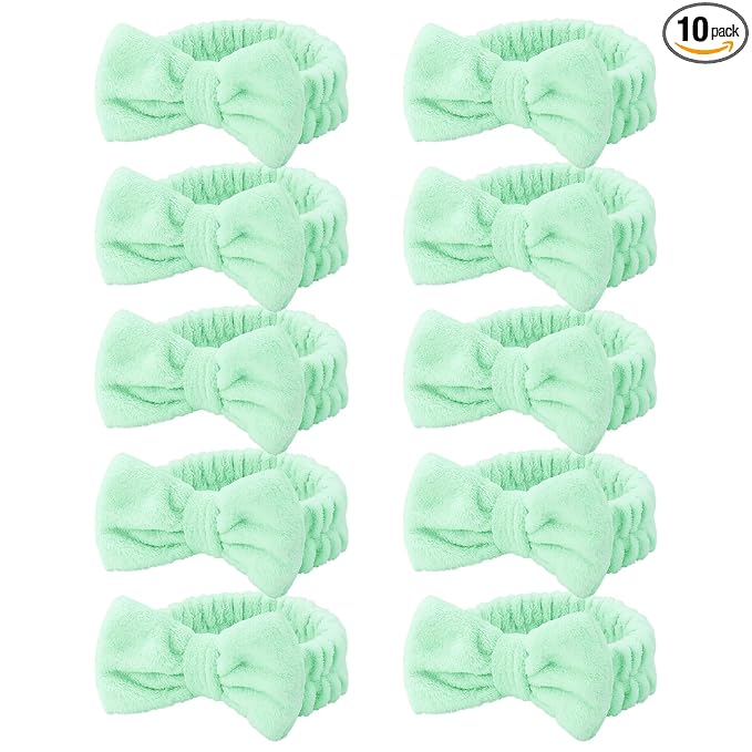 Casoty 10 Pcs Green Face Wash Headbands, Spa Gifts for Women Girls, Soft Coral Fleece Skincare Headband, Bow Hair Bands, Spa Headbands for Face Washing Shower Skin Care Yoga