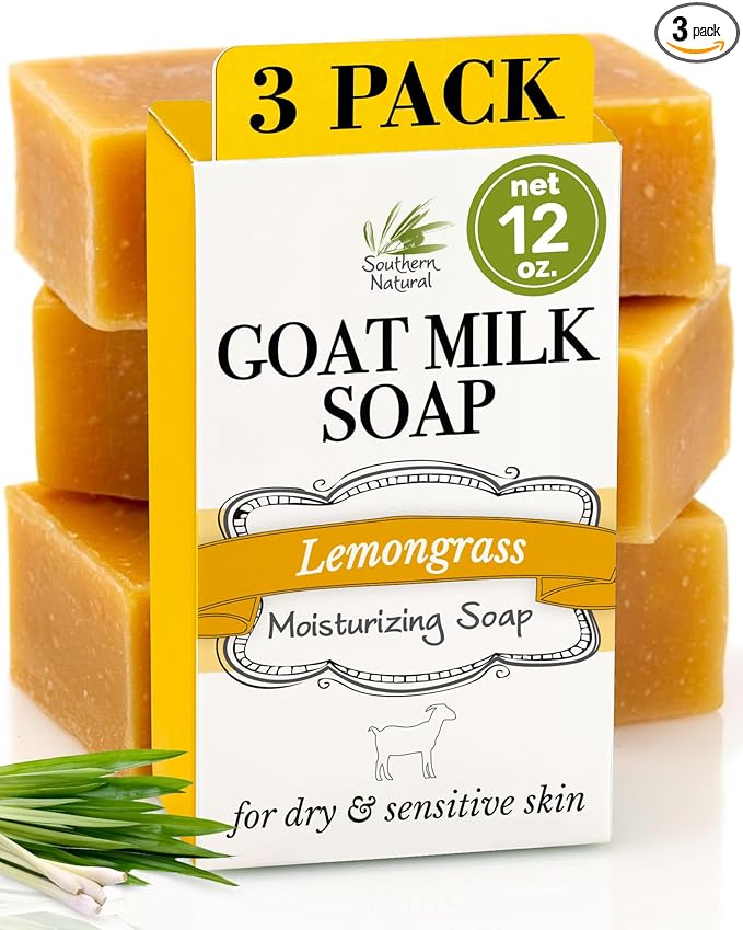 Southern Natural Goat Milk Soap Bar (Lemongrass 3 Pack) For Dry Sensitive Skin. Natural, Handmade Soap For Men, Women, Kids & Baby. Use On Face & Body