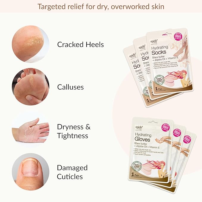 Epielle Hydrating Hand & Foot Masks, Relieve and Soften Dry, Overworked Skin, Self Care Gifts for Women, Spa Kit, Mothers Day Gifts, 6 Moisturizing Gloves & 6 Moisturizing Socks