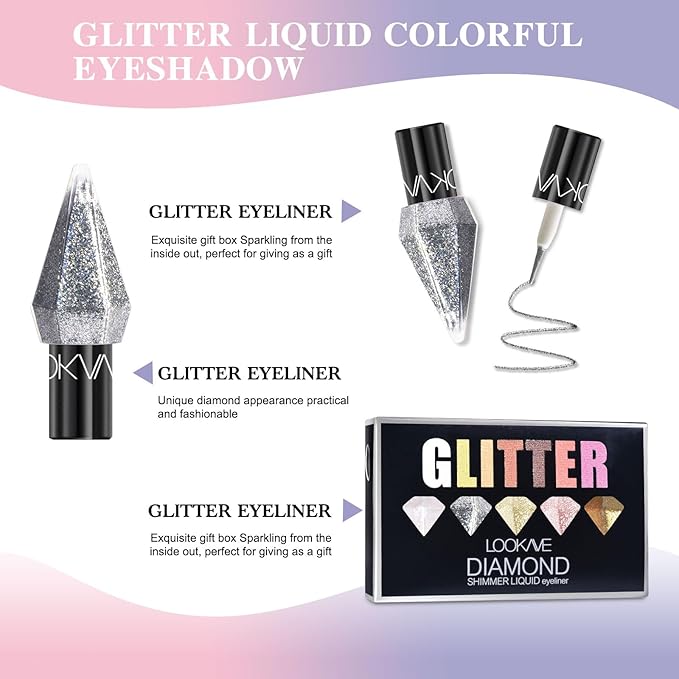 6 Pcs Liquid Glitter Eyeshadow Set Colorful Eyeliner with Long-Lasting and Waterproof Shinning Eye Shadow Gift for Women Eye Makeup(Diamond A)