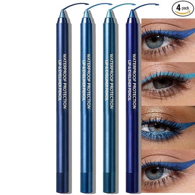 4Pcs Blue Eyeliner Pencil, Sharpenable Gel Eye Liner Pen Waterproof Smudge proof, Matte Glitter Waterline Eyeliner Set for Older Women Smooth Cream Eyeshadow Stick Highly Pigmented Eye Makeup