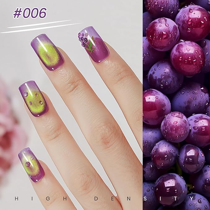 MIZHSE Cat Eye Gel Nail Polish, Fruit Colors Magnetic Gel Polish Set with Magnet, Neon Cateye Effect Green Purple Yellow Soak Off Nail Art Manicure Home Gift for Ladies