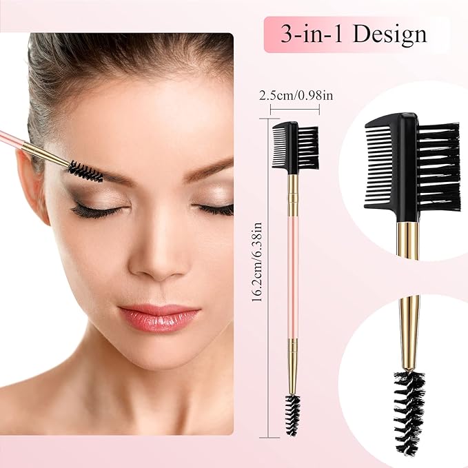3 Pcs Eyebrow Brush Eyelash comb separator 3 Head Eyelash Shaper and Eyebrow Brush Dual Comb Double Head Makeup Grooming Tool for Women Cosmetic Separating Shaping Brow(Pink)