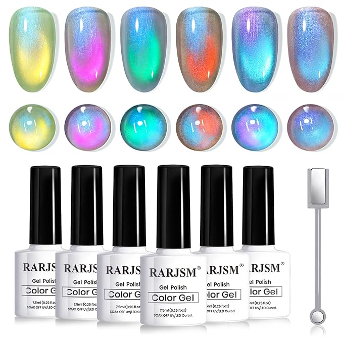 RARJSM Aurora Glass Ceramic Cat Eye Gel Nail Polish Set 6pcs Duo Color Universal Green Blue Purple Pink Orange Red Glitter Pearl Shell Mermaid Cateye Effect with Magnet Stick Curing Requires