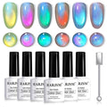 RARJSM Aurora Glass Ceramic Cat Eye Gel Nail Polish Set 6pcs Duo Color Universal Green Blue Purple Pink Orange Red Glitter Pearl Shell Mermaid Cateye Effect with Magnet Stick Curing Requires