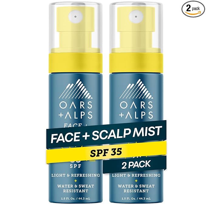 Oars + Alps Face & Scalp Sunscreen Spray Mist, SPF 35 Facial & Hair Sunscreen, Water & Sweat Resistant, Infused with Aloe Vera + Cucumber, Summer Splash Scent, 1.5oz, 2pk