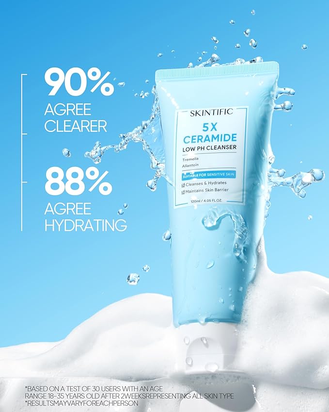 SKINTIFIC 5X Ceramide Low pH Facial Cleanser, Gentle Hydrating Face Wash with Hyaluronic Acid, Daily Face Wash for Dry to Normal Skin, Sensitive Skin Tested, Not Tight, Fragrance Free,120ml