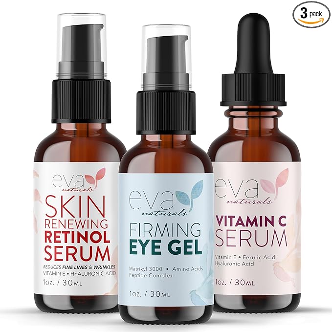 Eva Naturals Facelift in a Bottle Serum Set – Vitamin C, Retinol & Eye Gel for Face & Eyelid – Firming Wrinkle Moisturizer Kit – Dark Circle, Eye Bag & Neck Care – Anti Wrinkle Skin Care for Women