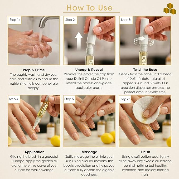 DeEnti Cuticle Oil 4 Pens, Jojoba Oil for Nails, Hydrating Cuticle Nail Oil, Lush Lemon Scented Cuticle Repair Oil, Vitamin E Nail Supplies, Professional Salon Quality Manicure Supplies