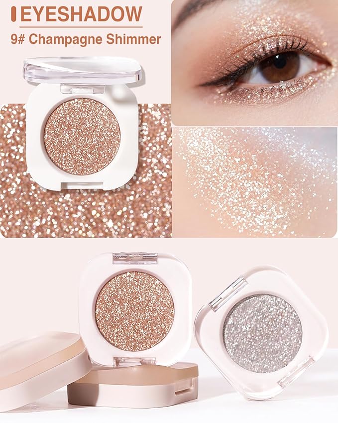 2 Pcs Glitter Eyeshadow Single, Ultra-Fine Sparkling Diamond Shimmer, Long-Lasting Sheer Eye Makeup, Crease-Proof & Buildable Eye Shadow Topper, Gold & Pearl Champagne