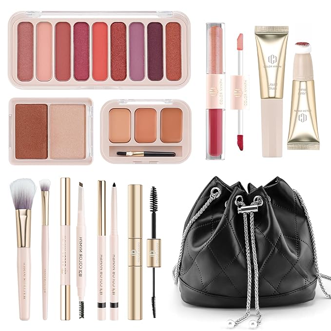 Color Nymph Makeup Sets For Women, Teen Girls With Travel-Friendly Makeup Kits Bag Included 9 Color Eyeshadow Palette Concealer Liquid Blush Eyeliner Lipgloss - #01