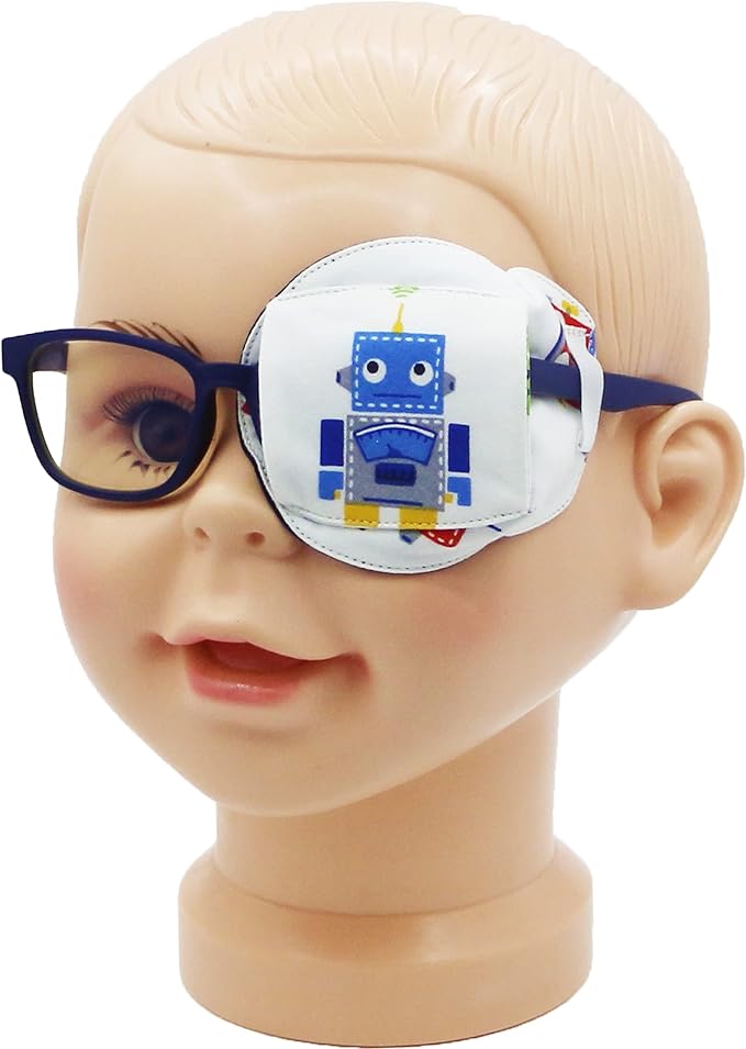 Astropic 3D Cotton & Silk Eye Patch for Kids | Boys Eye Patch for Glasses | Medical Eyepatch for Children with Lazy Eye (Blue Robot, Left Eye)