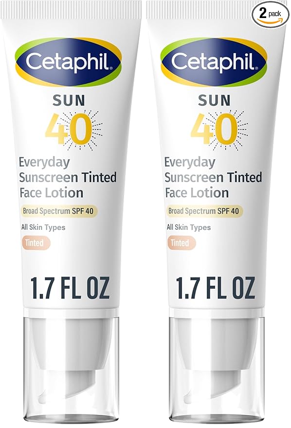 CETAPHIL Everyday Sunscreen Tinted Lotion for Face,1.7 fl oz,100% UVA/UVB Mineral Sunscreen: Titanium Dioxide & Zinc Oxide,SPF 40,For Sensitive Skin,(Pack of 2)